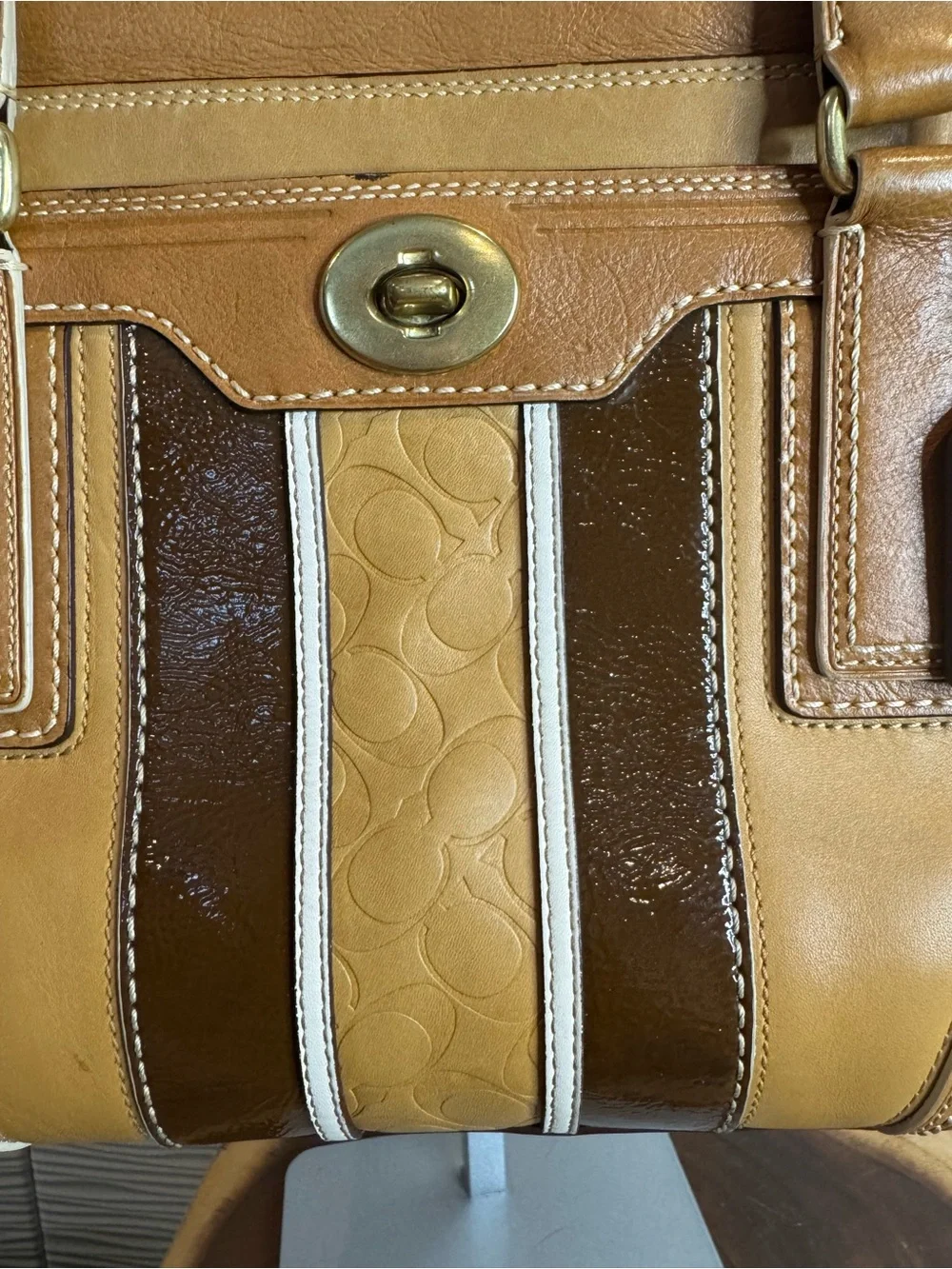 Vintage Y2K Coach Hampton Turnlock Signature Stripe Satchel Bag Tan Brown 11609